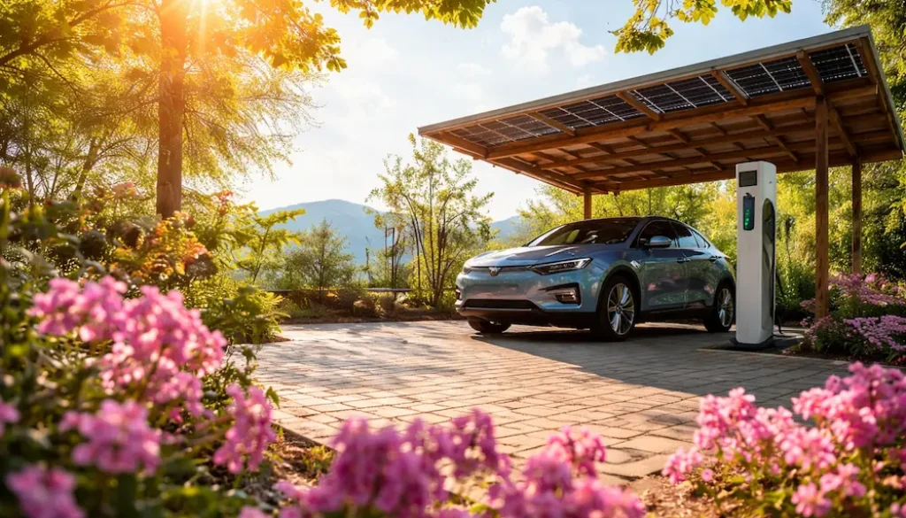 Electric car charging under a solar-powered carport surrounded by flowers and greenery in warm sunlight.