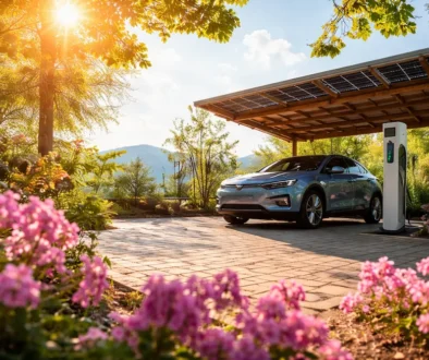 Electric car charging under a solar-powered carport surrounded by flowers and greenery in warm sunlight.