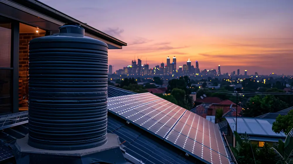 Rooftop solar panels on an apartment at sunset with city skyline in view.