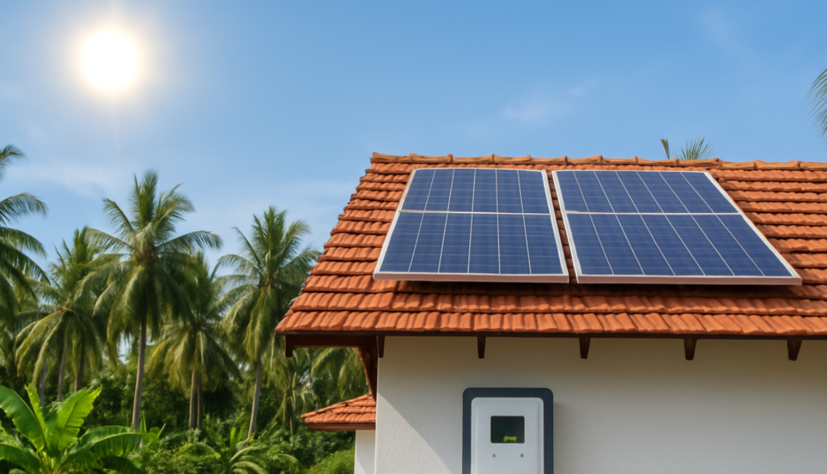 A Kerala-style tiled rooftop house with installed solar panels