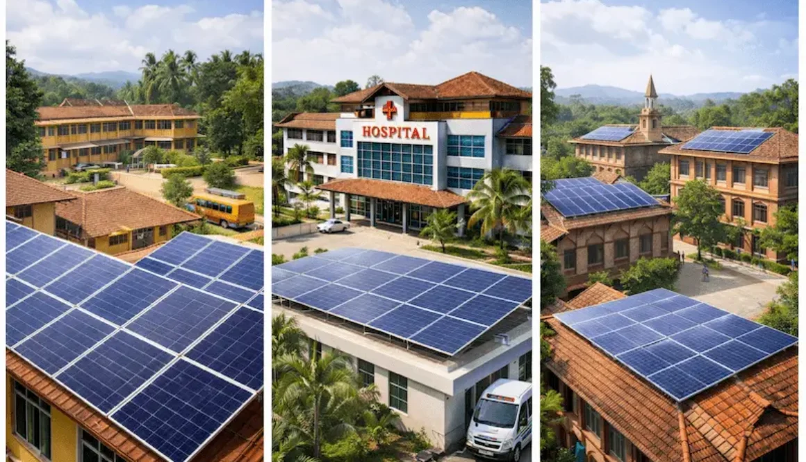 Solar installation on school, hospital, and college rooftops in Kerala.