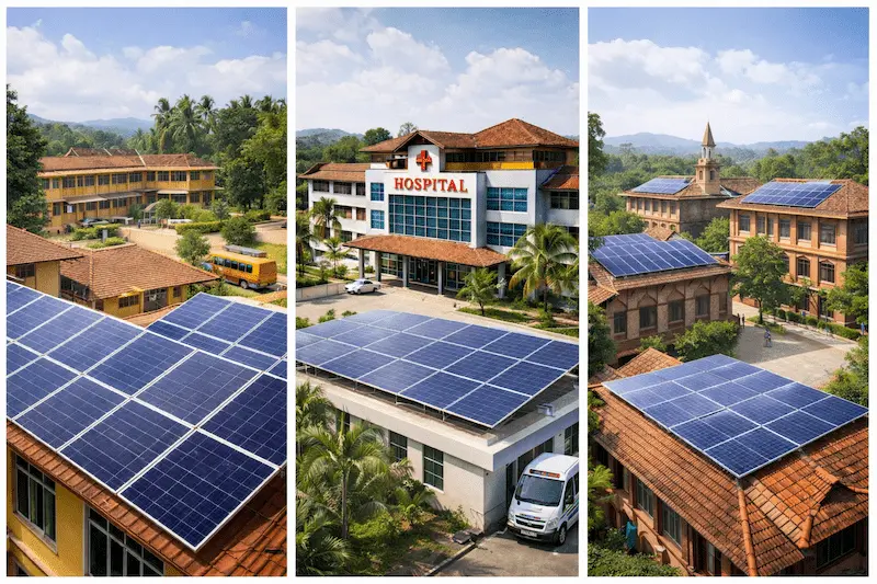 Solar installation on school, hospital, and college rooftops in Kerala.
