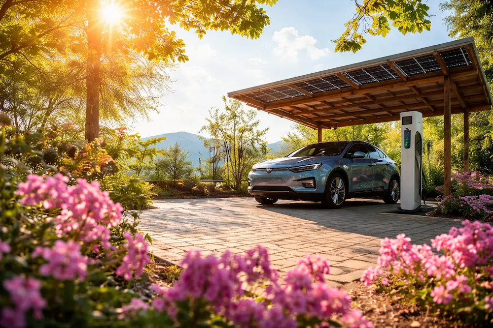 Electric car charging under a solar-powered carport surrounded by flowers and greenery in warm sunlight.