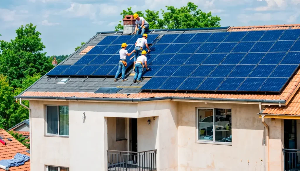 Technicians cleaning and maintaining rooftop solar panels on residential building in Kerala