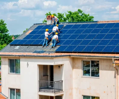 Technicians cleaning and maintaining rooftop solar panels on residential building in Kerala